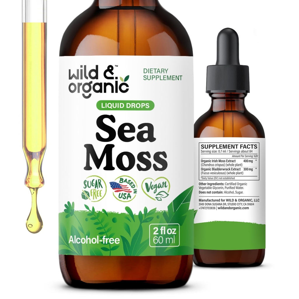 Divoké a organické Moss kapalné kapky - Imunitní podpora - Irské moře Moss a Bladderwrack tinktura - Multimineral Chondrus Crispus Dodatek - Vegan, Cukr & Alkoholo- Free - 2 fl oz