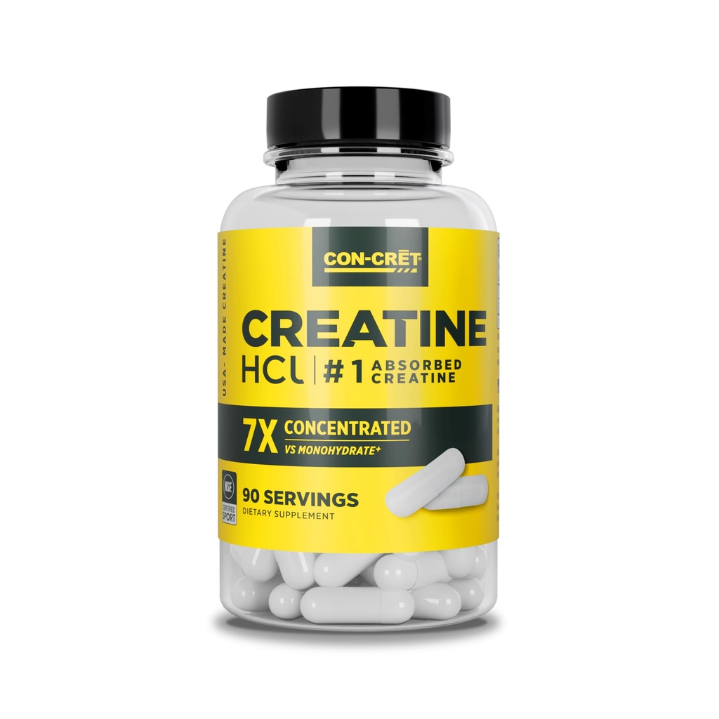 CON- CRET Creatine HCl Kapsle 124; Svalová, kognitivní, Cellulární energie Podpora 124; No Bloating nebo křeče 124; USA Made & NSF Certified Application 124; Creatine Pills (90 ct)