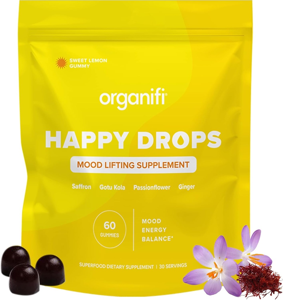 Organifi Happy Drops - Denní Superfood Happy Gummies pro dospělé - Návnada Supplement for Balance, Bliss, Energy and taking the Edge Off - Sweet Lemon Flavor - 60 Gummies