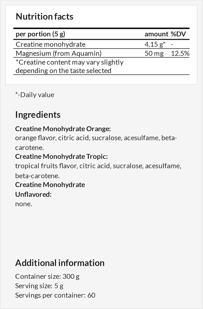 Creatine Powder 300g - Creatine Monohydrát 4150 mg s Magesium per Serving - 60 Servings per Pack - for High- Intensity Execution Support - Watermeloun Flavour - by MZ