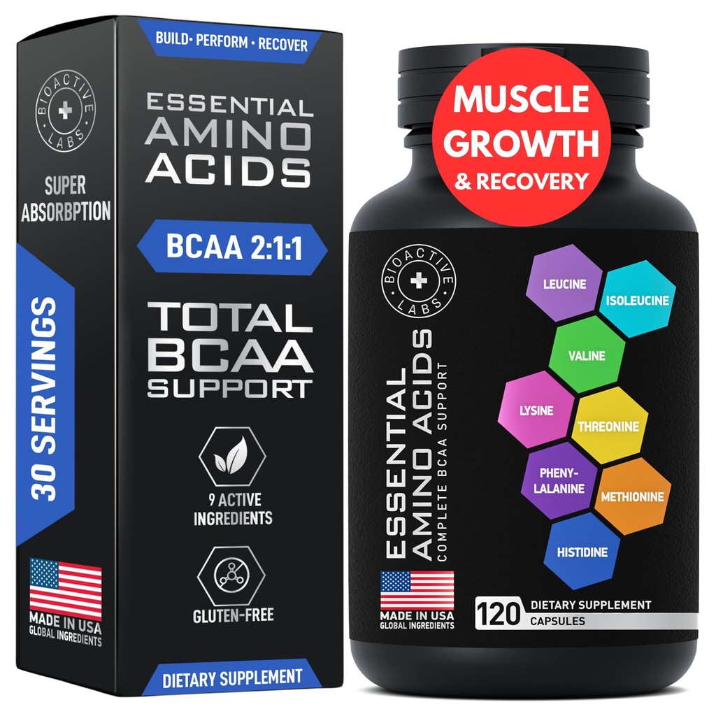 Základní aminokyseliny dodatek pro ženy a muže - Vegan BCAA Amino Acid Complex for Muscle Growth with All 9 BCAA Essential Aminos - Advanced Workout Power & Recovery Formule - 120 EAA BCAA pilulky