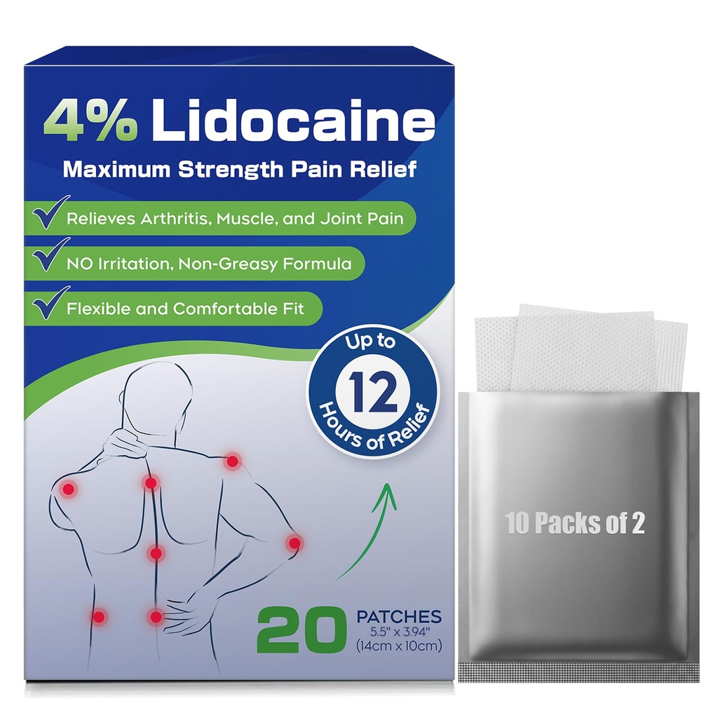 Uposiut 4% Lidokain Záplaty, 20 Počítání Záplaty Maximální síla Lidokain Záplaty (20 Záplaty), pro svalové bolesti v krku, ramena, záda, kolena a kotníky, 12 hodinová bolest Relief- 012345