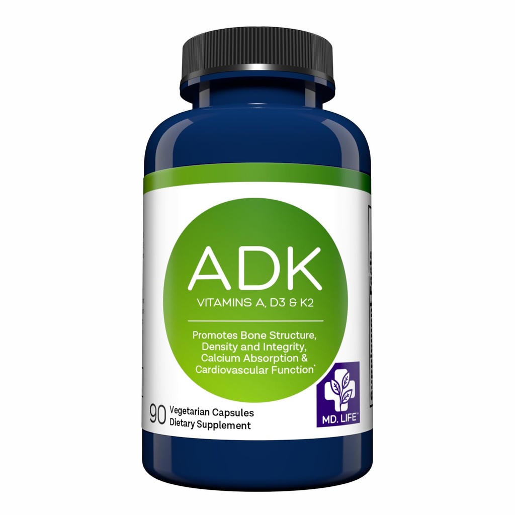 MD.LIFE ADK doplněk vitamínu - Vitamin D3 K2 a komplex A - 120 Kapsle - Vysoká potence Vitamin ADK pro podporu zdraví kostí a srdce