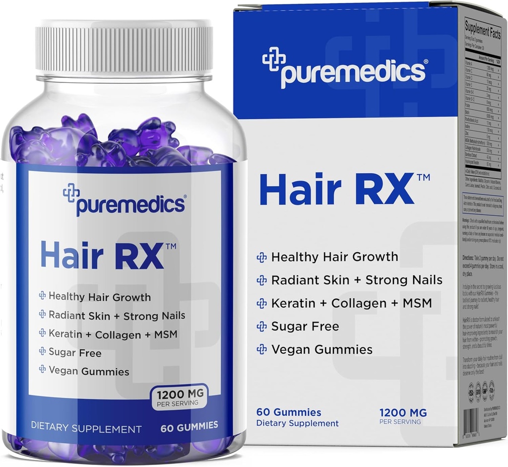 HairRX Biotin 6000mcg Vegan Gummies for Beautiful Hair and Nails - Collagen, Pantonthenic acid, jód, Bamboo, Coconut Oil, Zinek, MSM pro ženy a muže (1 měsíční dodávka)