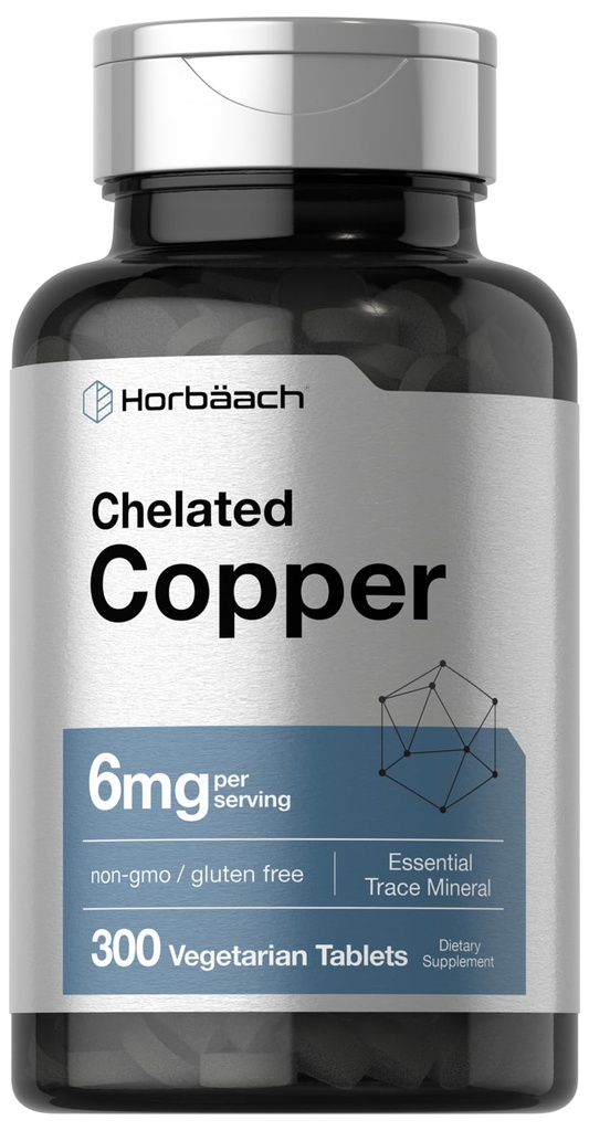 Horbäach Chelated Copper Supplement 6mg 6mg 6mg 6mg 124; 300 Tablet CLAS124; Essential Trace Mineral CLAS124; Vegetarian, Non- GMO, gluten zdarma