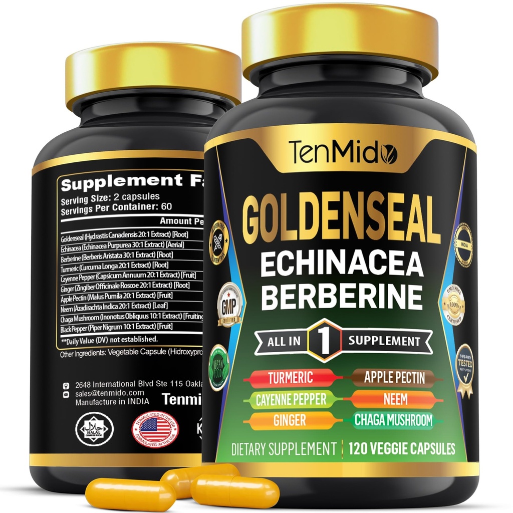 Goldenseal Root Dodatek - 10in1 Formule - Kombinace s Echinacea, Berberine, Kurkuma, Cayenne Pepper, Ginger, Apple Pektin, Neem, & Více - Digestivní zdravotní podpora - 120 Kapsle