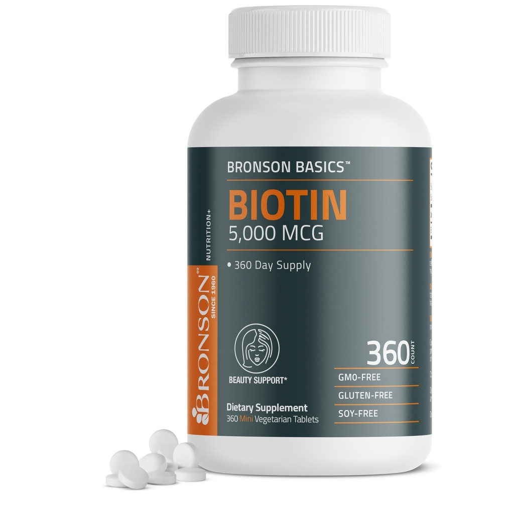 Bronson Biotin 5000 MCG podporuje zdravé vlasy, kůže, nehty a výroba energie - Vysoká potence Beauty Support - Non- GMO, 360 Vegetariánské tablety