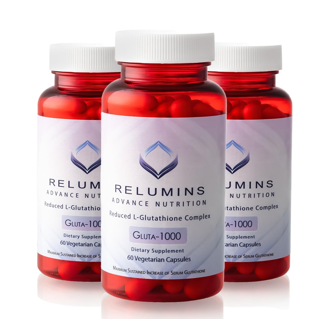 Relumins Advance Nutrition Gluta 1000 - Reduced L- Glutathione, Alpha Lipoic Acid & Rose HIPS - Antioxidant Support for Skin & Celodenní Wellness - 60 Veg Kapsle x 3 Lahvičky (90- Day Supply)
