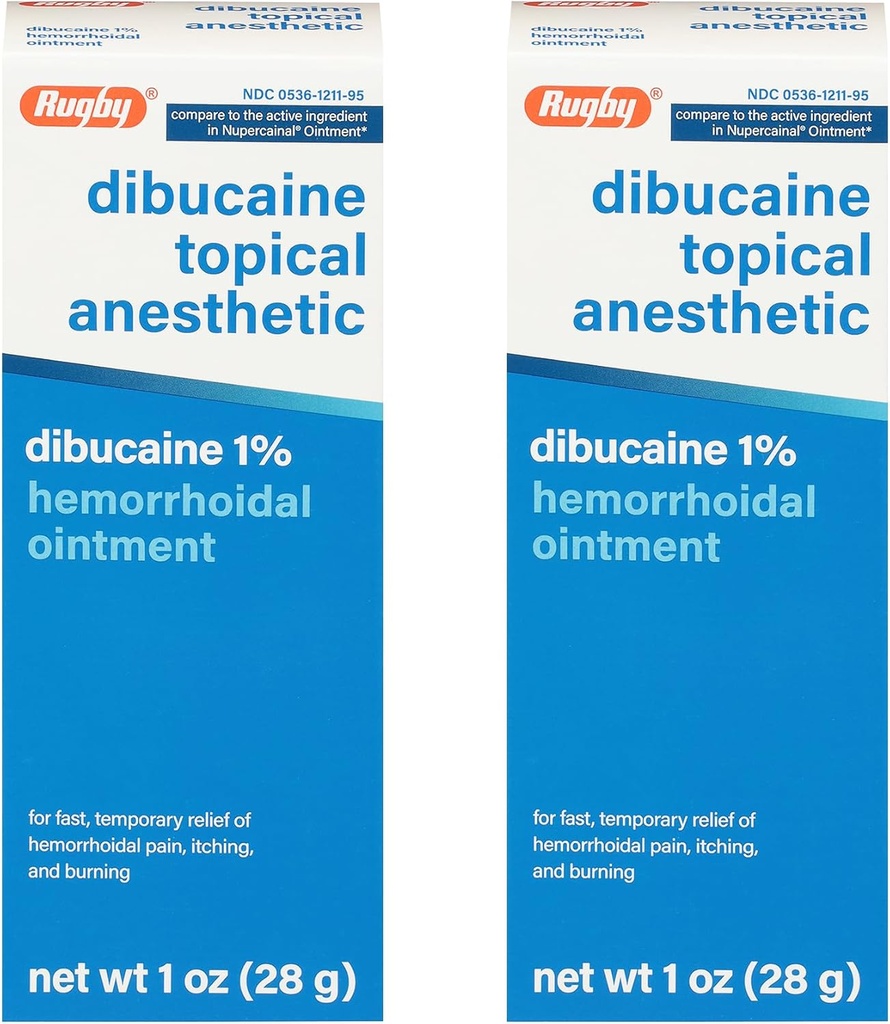 Rugby Dibucaine Topical Anestetic 1% Hemeroid Ointment - Pain Relief Cream for Stening and Burning, Hemeroid Treatment, Anti Itch Cream 1 Oz (2 Pack)