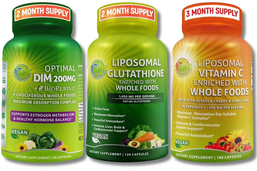 Celkový imunitní, hormonální a antioxidační podpůrný balíček pro ženy a muže - Liposomální Glutathione 500mg + Liposomální vitamin C 1500mg + DIM 200mg s BioPerine ® & Crucipean Whole Foods - Vegan & Non- GMO