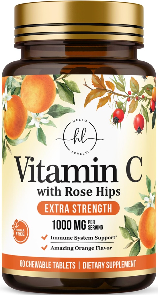 Vitamin C dodatek 1000mg - Extra síla s Rose Hips Bioflavonoidy - Bezcukerné vitamíny C Žvýkací pilulky, Příroda Vit C pro imunitní podporu a antioxidační ochranu - 60 Žvýkací tablety