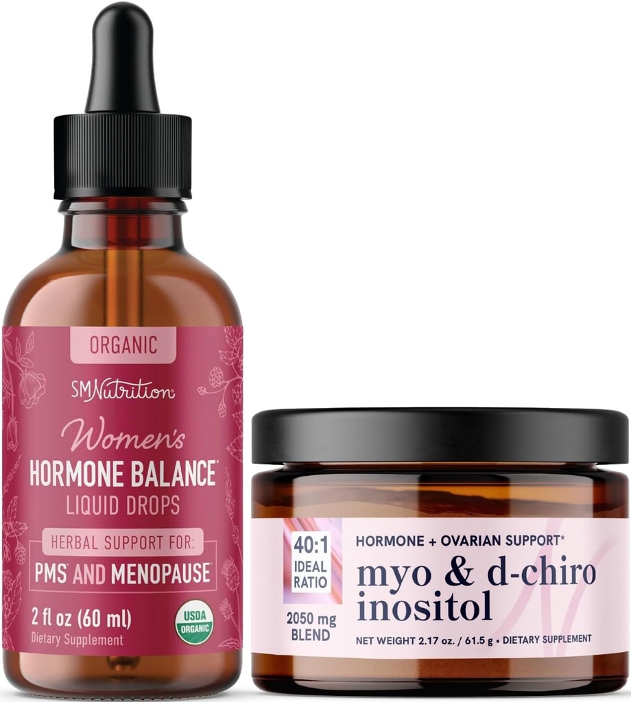 Myo- Inositol Powder Complex & Herbal Hormon Balance Tinktura 124; Hormon Balancing Bundle s Myo- Inositol & D- Chiro (30 Služeb) a PMS Menopause & Menstrual Support Liquid (60 Služeb)