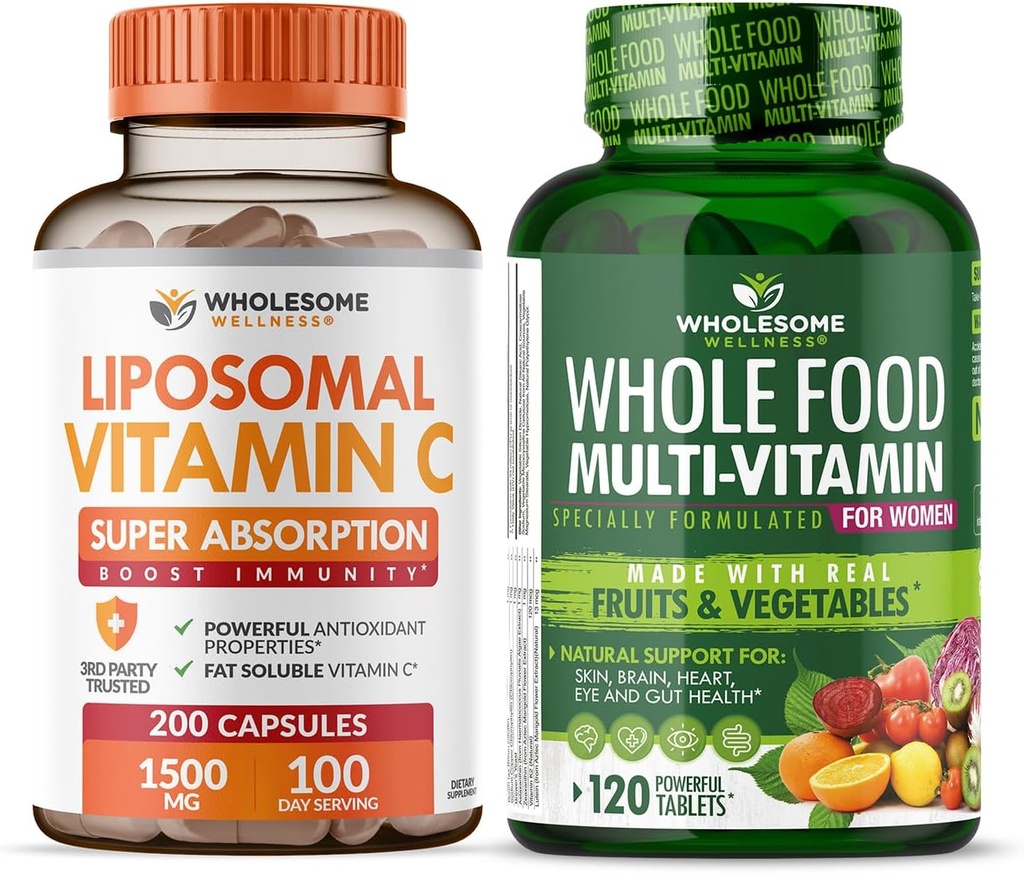 Zdravé Wellness Liposomální vitamín C Kapsle (200 pilulek 1500mg pufrované) Vysoká absorpce VIT C + celé jídlo Multivitamin pro ženy - přírodní multi vitaminy, minerály, organické extrakty Bundle