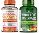 Zdravé Wellness Liposomální vitamín C Kapsle (200 pilulek 1500mg pufrované) Vysoká absorpce VIT C + celé jídlo Multivitamin pro ženy - přírodní multi vitaminy, minerály, organické extrakty Bundle
