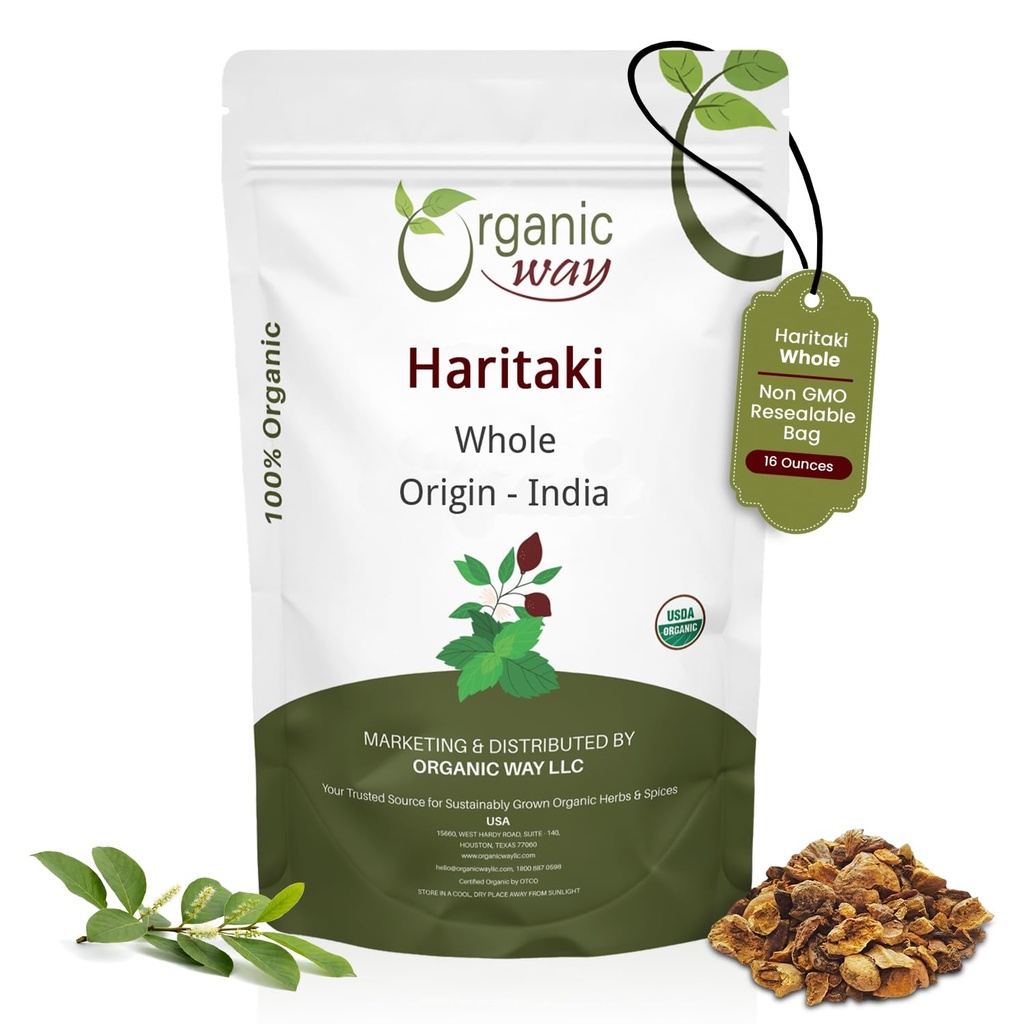 Organic Way Haritaki Whole (Chebulic Myrobalan) OF 124; Terminalia Chebula (Yellow Myrobalan) OF 124; Kosher & USDA Certified OF 124; Vegan, Non- GMO & Gluten Free OF 124; 100% Raw z Indie (16 oz - 1 libra)