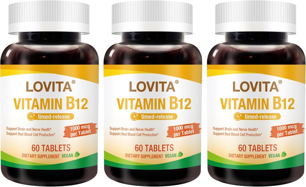 Lovita Vitamin B12 1000 mcg (B12 Vitamíny jako kyanokobalamin), Časová verze B12, Vegan- Friendly, Podporuje nervový systém, 60 Vegetariánských tablet (2 měsíční zásoba) (balení po 3)