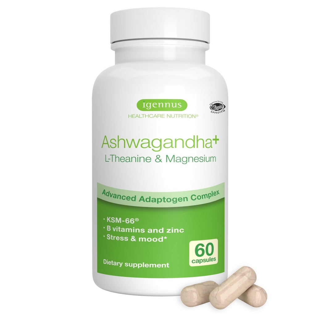 Igennus High Strength Ashwagandha Stress Relief Complex, L- Theanine & Magnesium & KSM- 66 Root Extract Adaptogens, Methylované B Vitamíny, Podpora klidu a spánku, Čisté štítek, 60 rychle působící kapsle