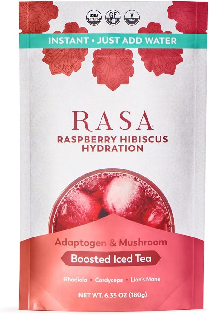 Rasa Raspberry Hibiscus Hydratace 124; Organic Busted Iced Tea with Adaptogens and Houshums CLANE124; gluten- Free, Premium Electrolyte Powder Drink Mix, Refreshing Hydration (6 oz / 24 Servings)