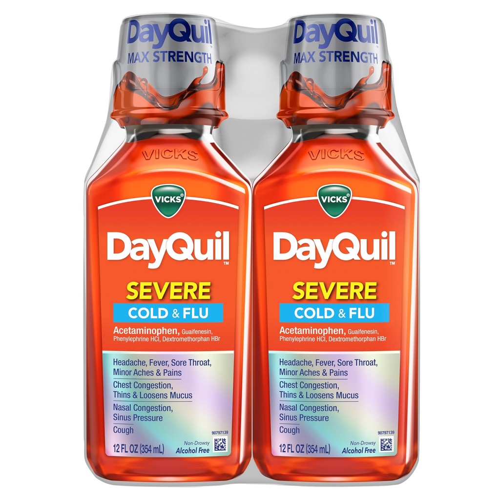 Vicks DayQuil Těžká studená & Fluu tekutá medicína, Daytime Relief for Heads, Fever, Sore throat, Minor Aches & Pains, Chest Congestion, Stuffy Nose, Nasal Congestion, Sinus Pressure, & Cough, 2x12oz
