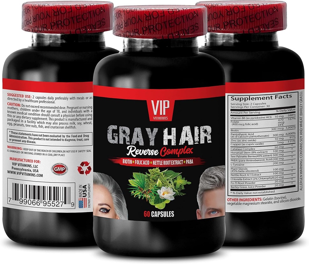 Saw Palmetto Mens vlasy - šedé vlasy Reverse Complex - Přírodní řešení - Výkonné výsledky, šedé vlasy muži, Biotin Vitamíny pro vlasy kůže a nehty, Paba dodatek, šedé vlasy dodatek, 1 Bot 60 Caps