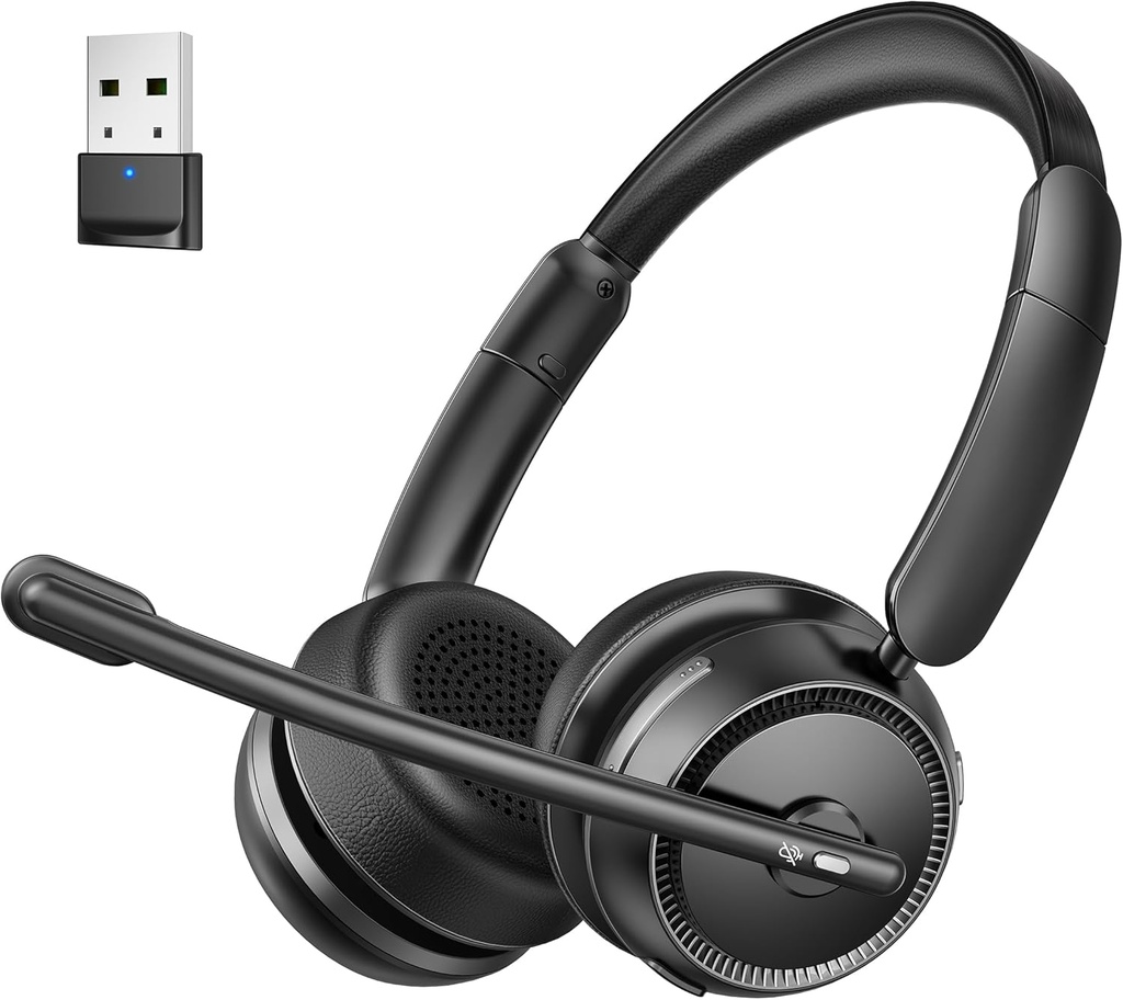 Bluetooth Headset s AI Hluk Zrušení mikrofonu, Stereo HiFi Bluetooth sluchátka, Bezdrátová sluchátka s USB Dongle pro počítačový Office Call Center Skype Zoom Setkání Trucker
