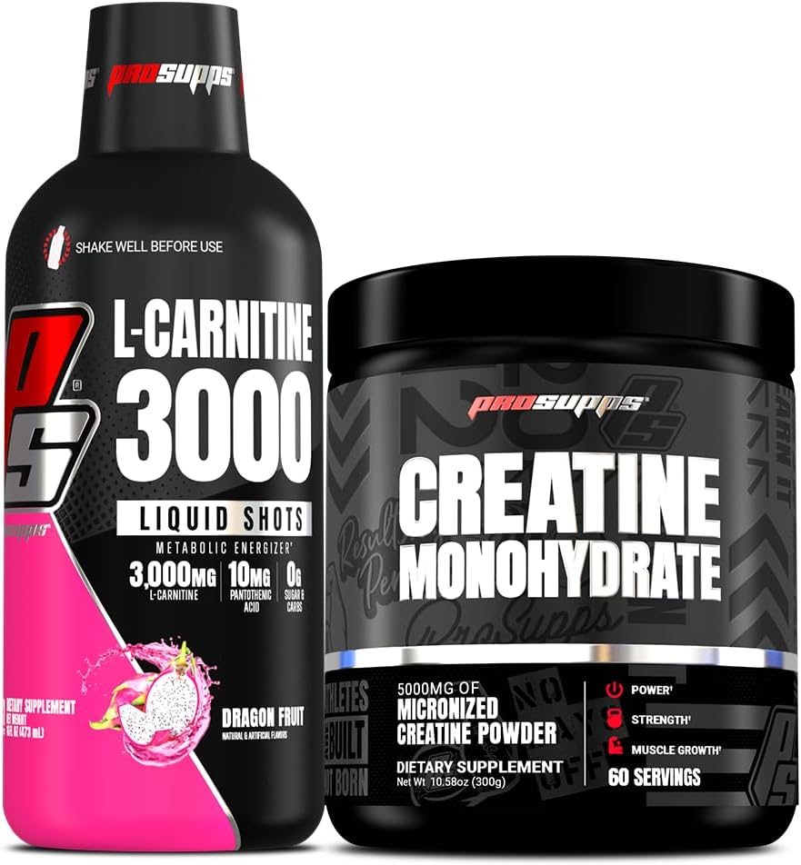 PROSUPPS L- karnitin 3000 Stimulant Volný tekuté střely (31 Služeb, Dragon Fruit) a Creatin 300 Monohydrát (60 Služeb) Bundle