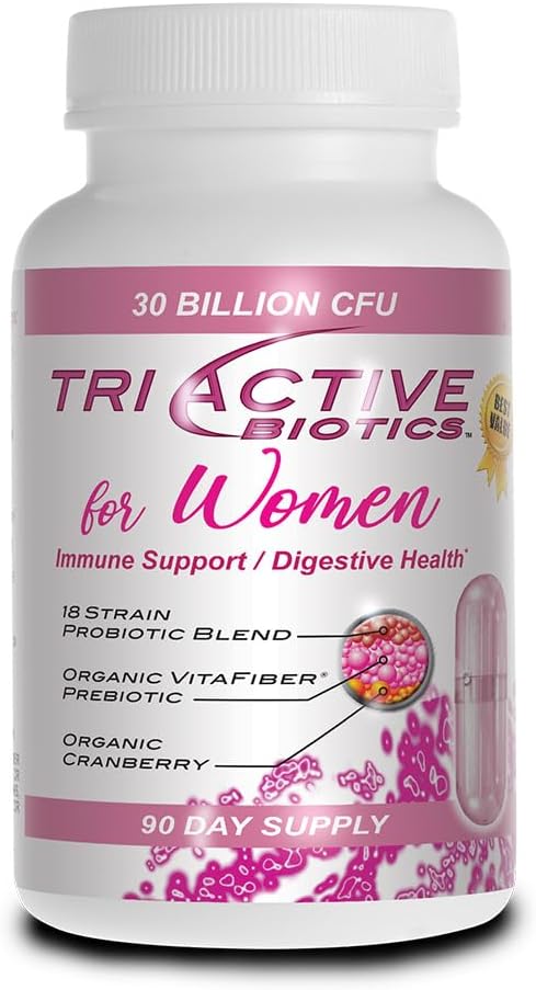 Základní zdroj Triactive Biotics for Women - Probiotika pro ženy s 18 Straines, Organic VitaFiber Prebiotic & Cranberry to Digestive Support, Imunitary Defense, Močové, Vaginální zdraví - 90 Kapsle