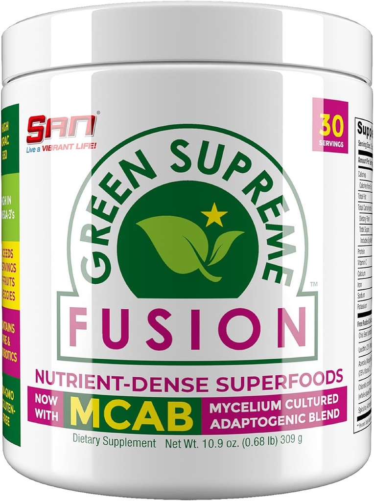 SAN Nutrition 's Green Supreme Fusion Blend Antioxidant: Super Green Smoothie Mix s Spirulina, Chlorella, Adaptogenní houby, 30 Služeb