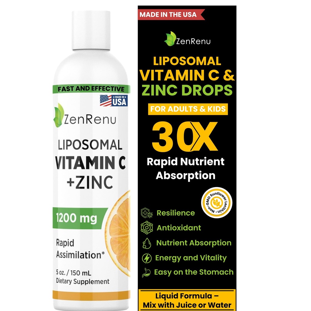 Zenrenu Lipozomální vitamin C a zink tekutý nápoj pro dospělé a děti - non GMO slunečnice Lecithin - Max antioxidant & imunitní podpora, 5 oz / 150 ml