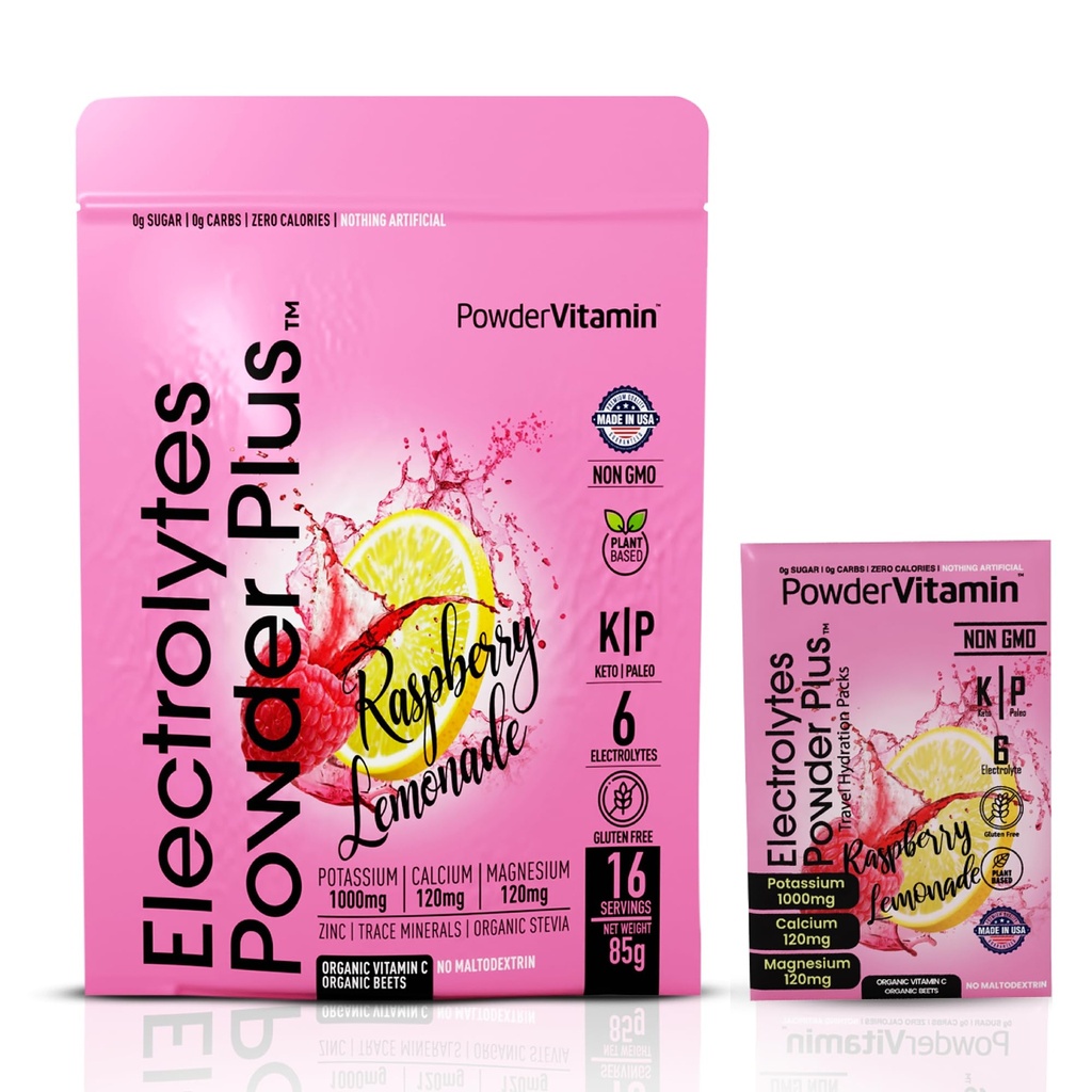 PowderVitamin Electrolytes Powder Plus, Keto, Malina Lemonade, bez cukru, růžová himalájská sůl, 1000mg draslík, 120mg vápníku, 120mg hořčíku, Non- GMO, Nulové kalorie, (16 Hydratační pakety)