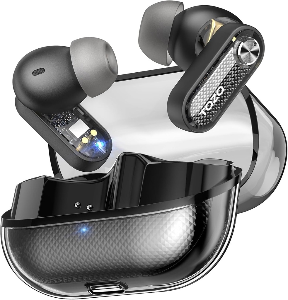 TOZO Crystal Pods Hybrid Aktivní Hluk Zrušení bezdrátových sluchátek, 10mm Ovladače Deep Bass Stereo Sound, 4 Mics Smart ENC AI Calls, 32 EQ přes App, Bluetooth 5.4 Sluchátka, Crystal Case Design