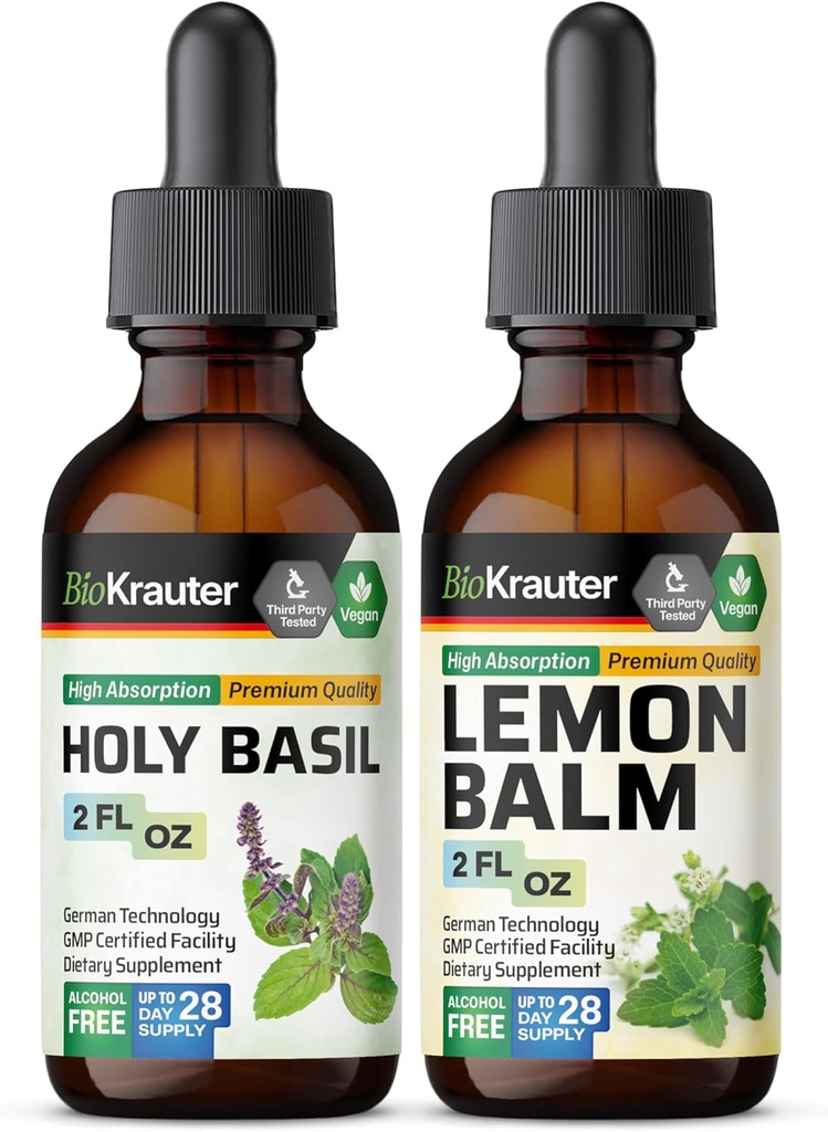 BIO KRAUTER Holy Basil tinktura 2 Fl. Oz. & Lemon Balm tinktura 2 Fl. Oz.