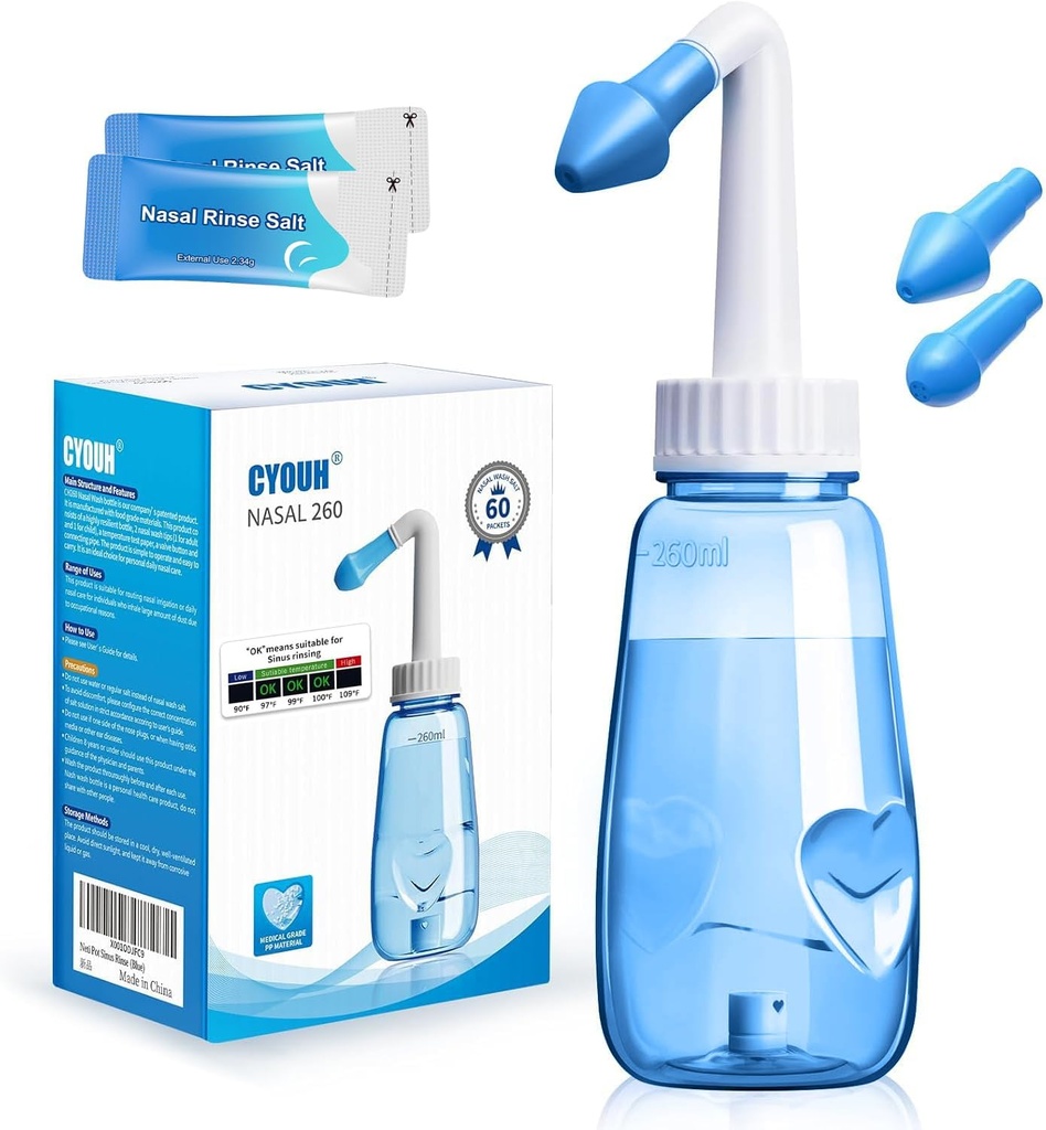 Neti Pot Sinus Rinse Lahvička 260 ML s 60 Nasal Wash Salt Packets a Nálepka Termometr Nose Mycí tlak Rinse Nasal zavlažování pro dospělé & Kid BPA zdarma (modrá)