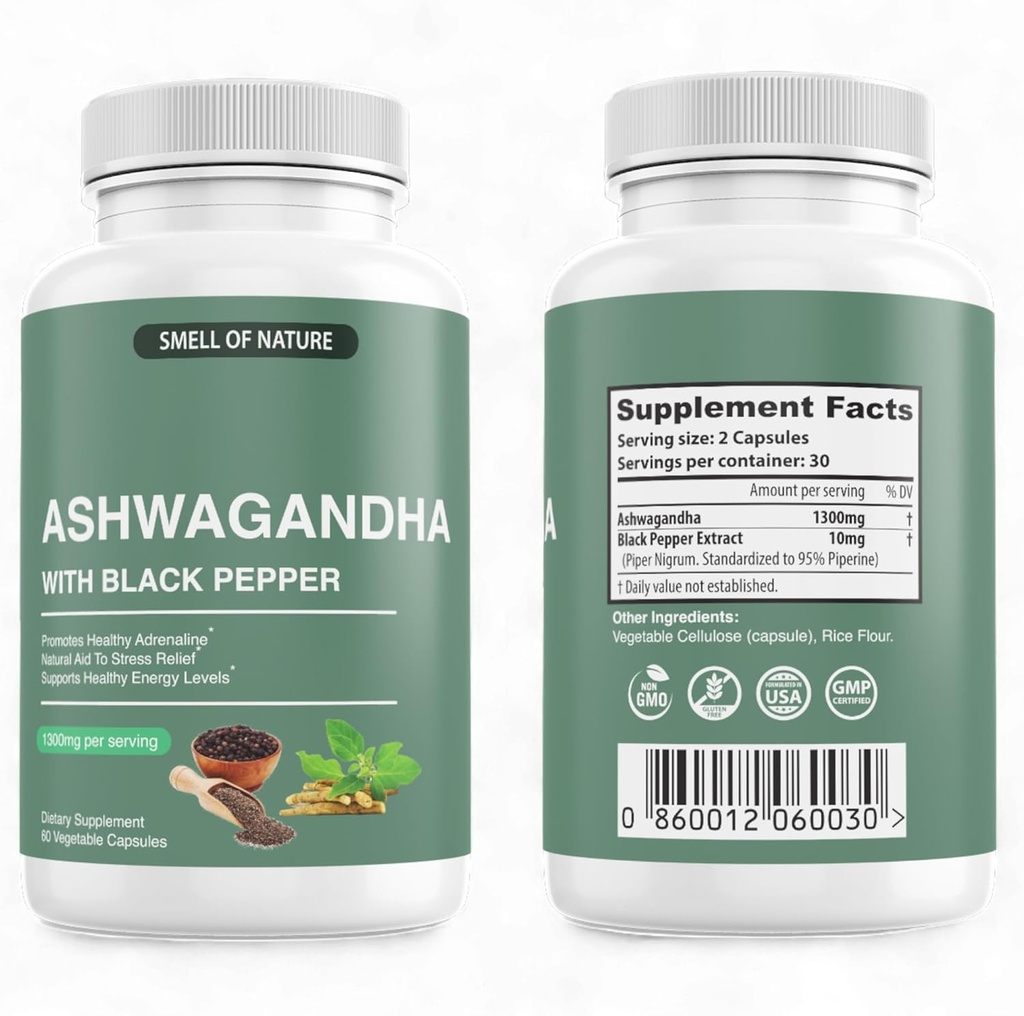 Přírodní vůně organické Ashwagandha doplňky s Black Pepper Extract - 1300mg čisté Ashwagandha Extract - Energetická podpora - Non- GMO, gluten- Free, Vegan - 60 Kapsle