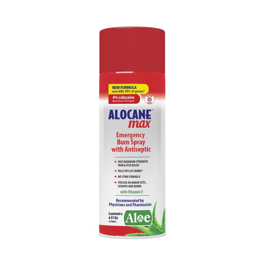ALOCANE Nouzové popáleniny sprej, 4% Lidokain Max síla rychlé bolesti Itch Relief pro malé popáleniny, opalování, Kuchyně První pomoc při léčbě popáleniny, 4 Fl Oz