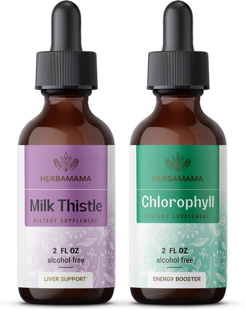 HERBAMAMA Herbal Liquid Drops Kit - Bundle of Milk Thistle Extract 2 fl oz a Liquid Chlorofyl 2 fl oz - Veganský dodatek Liquid Extract - Non GMO, Cukr & Alcohol- Free - 2 Pack