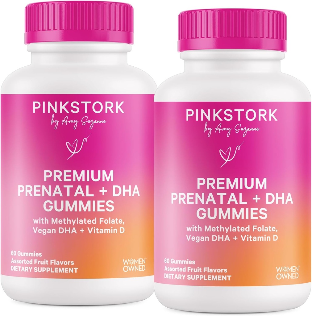 Pink Stork Premium Prenatal Gummy Vitamíny s DHA, Folátem a vitamínem D - 60 Veganské gumy - 2 balení