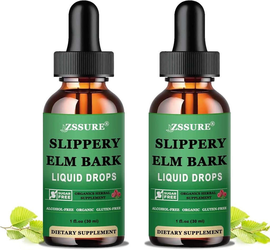 (2 Pack) Slippery Elm Bark Liquid Drops, Pure Organic Slippery Elm Extract 1000mg pro stravovací Gut zdraví, Liquid Slippery Elm Tincture Bylinný dodatek, Vegan, Alkohol zdarma, Non- GMO, gluten zdarma