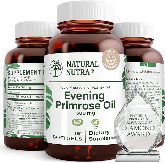 Natural Nutra Večerní Primrose olejový dodatek z mastné kyseliny, pomáhá překonat bolest těla, Nerve zdraví, Podporovat hearth zdraví & kůže Clarity, pomáhá snížit stravitelný nepohodlí, 500 mg, 180 Softgel
