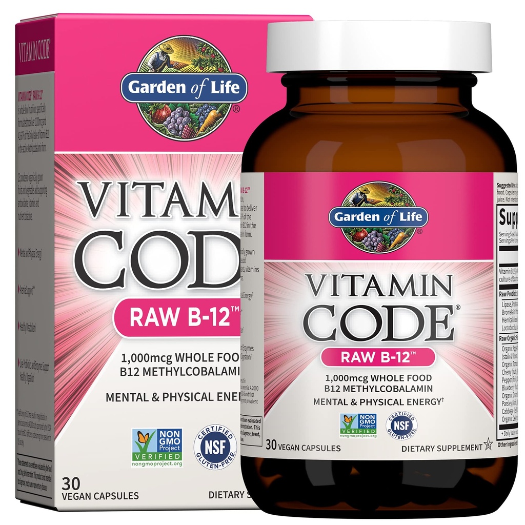 Zahrada života vitamin kód syrový B-12-30 Kapsle, 1.000mcg Celé jídlo B12 Methylkobalamin pro energii, Vegan Methylkobalamin Vitamin Plus Probiotika a enzymy, gluten zdarma doplňky