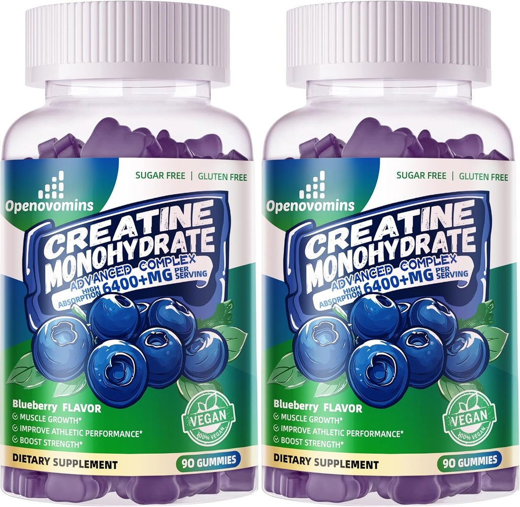 Creatine Monohydrát Gummies Komplex pro muže a ženy - Advanced Formule W / L- Taurin + vitamin B12, Cukr zdarma Žvýkací doplněk, 180 Blueberry Gummies 2pack