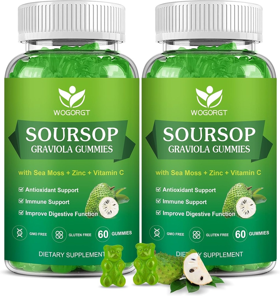 Soursop Graviola Gummies with Sea Moss Extract - Antioxidant, Cell Support & Regeneration, Imunite Support, Soursop Gummy with Sea Moss, Vitamin C & Zinek, Apple Flavor - 60 Gummies (2 balení)