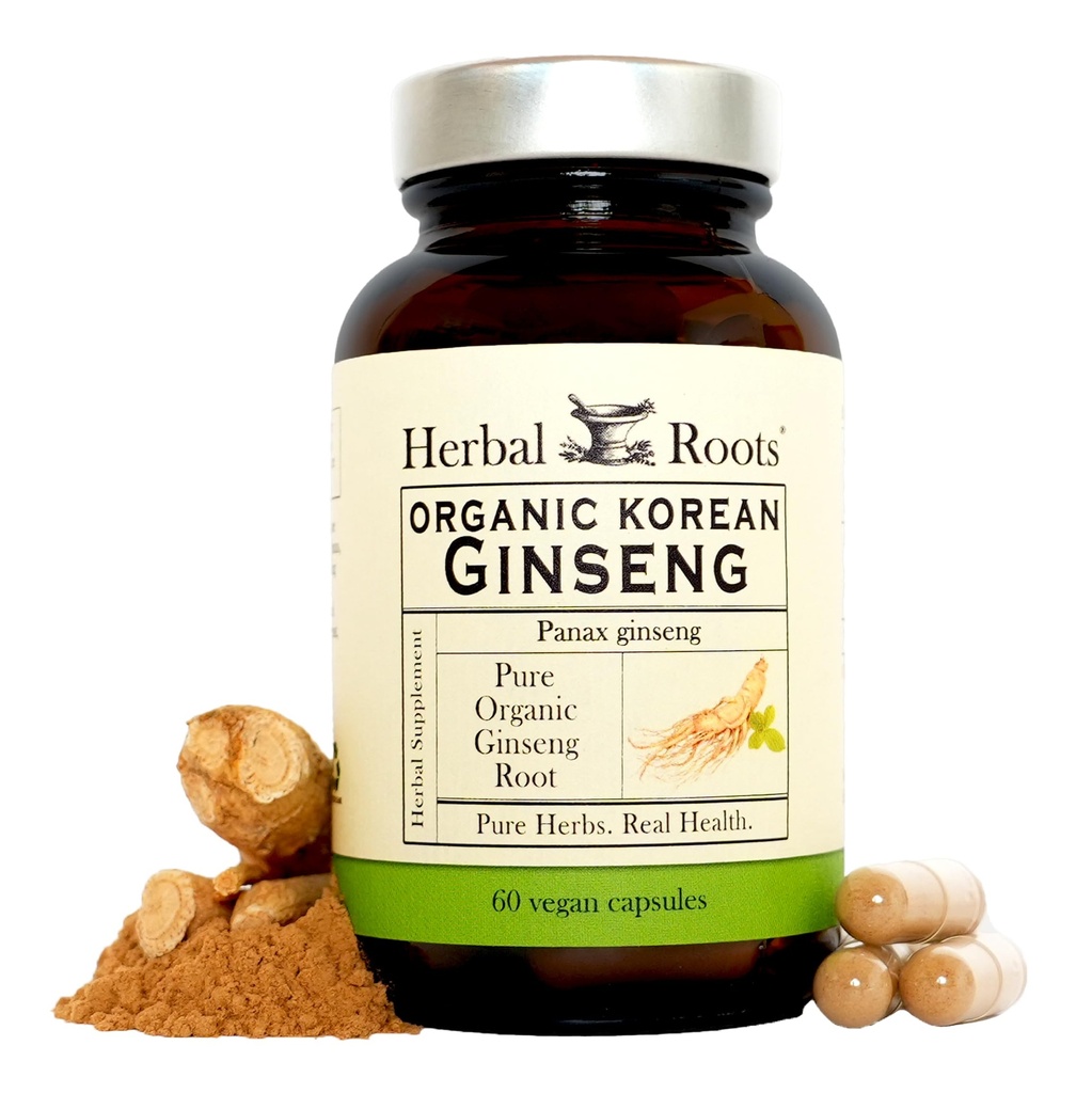Herbal Roots Panax Ginseng Fren124; Organic Korean Ginseng Root Powder 124; 1000mg French 124; High Ginsenosids for Energy & Performance Fing124; 60 Veganských kapslí