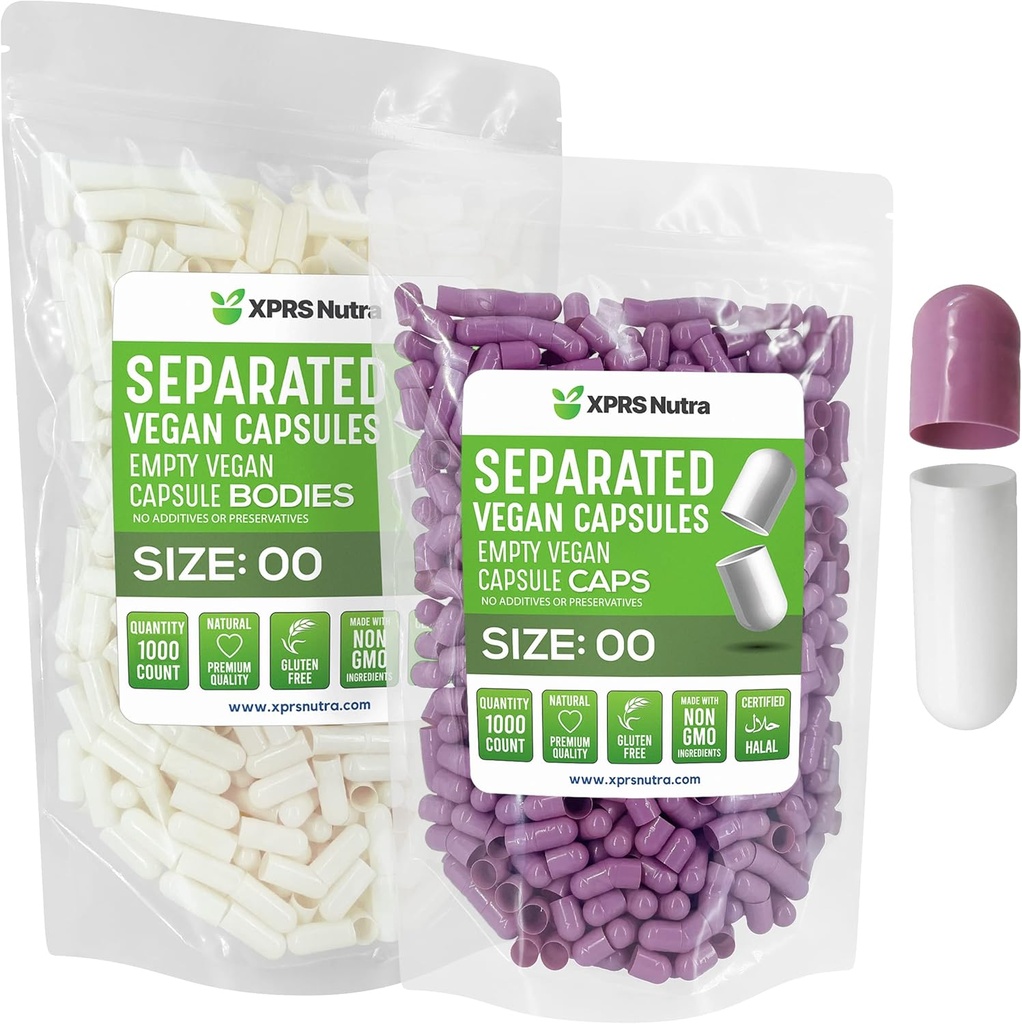 XPRS Nutra Vegan Velikost 00 Oddělené kapsle - 1000 Hrabě Premium Prázdné kapsle Oddělené v sáčcích - 00 Pills Prázdné pro DIY Supplement Filling (Lavender / White)