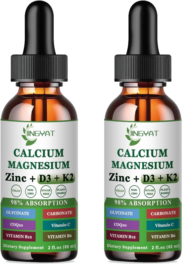 Kalcium Magnesium Zinkové kapalné kapky, tekutý hořčík Glycinát 500 mg vápníku 1000mg s vitamínem D3, K2, B6, B12, Coq10,6X Silnější než gumové kapsle (2 balení)