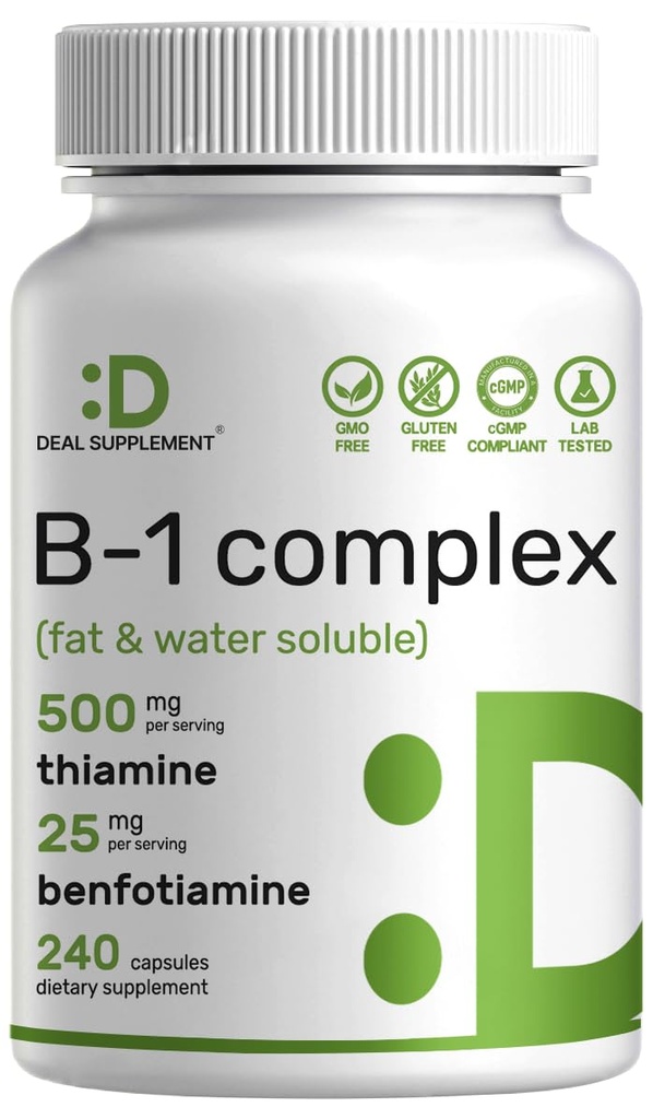 DEAL DOPLŇUJÍCÍ vitamin B1 500mg s Benfotiamin, 240 Kapsle - 2 v 1 Vylepšený vzorec - Tuk a voda rozpustný Thiamin B1 Dodatek - Třetí strana Testováno, Non- GMO, No Gluten