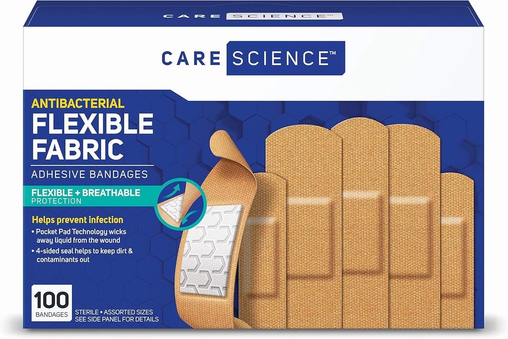 Péče Věda Fabric Adhesive Obvazy, 100 ct Asdied Velikosti CLAS124; Flexibilní + dýchací ochrana pomáhá zabránit infekci pro první pomoc a zranění péče