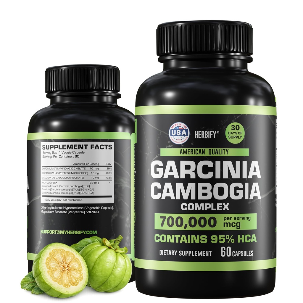 HERBIFY Garcinia Cambogia Wellness Supplement for Women & Men - Bylinný extrakt s antioxidačními vlastnostmi - Energy Booster pro denní vitalitu a stravitelnou podporu - 60 Počet