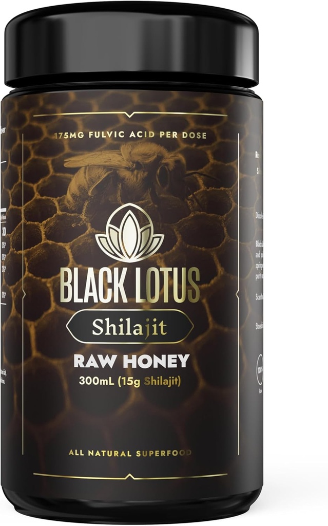 Black Lotus Pure Shilajit Resin Syrové medové tekuté tinktury, 300ml, 100% čisté přírodní shilajit pro muže a ženy, aminokyseliny, 175mg Fulvic Acid, 85 iontové stopové minerály, pro imunitní podporu, Focus, Energie
