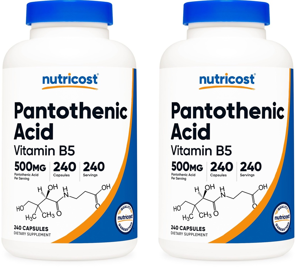 Nutricost Pantotenová kyselina (vitamin B5) 500mg, 240 tobolek (2 lahve)
